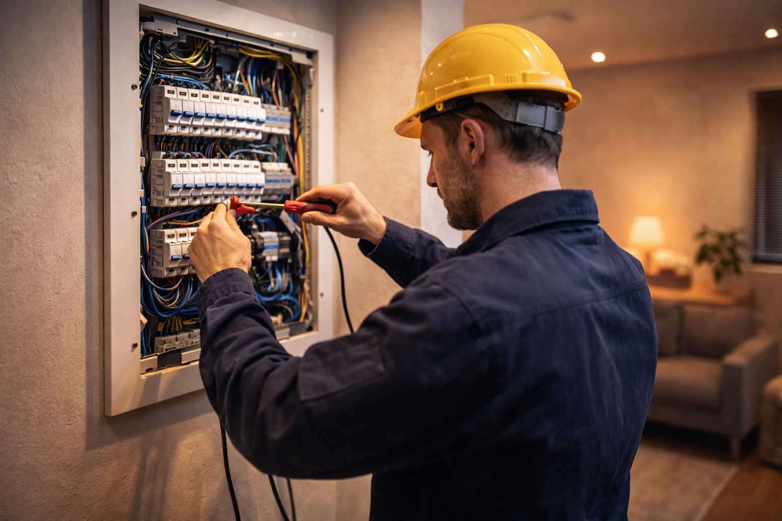 Électricien intervenant sur un tableau électrique